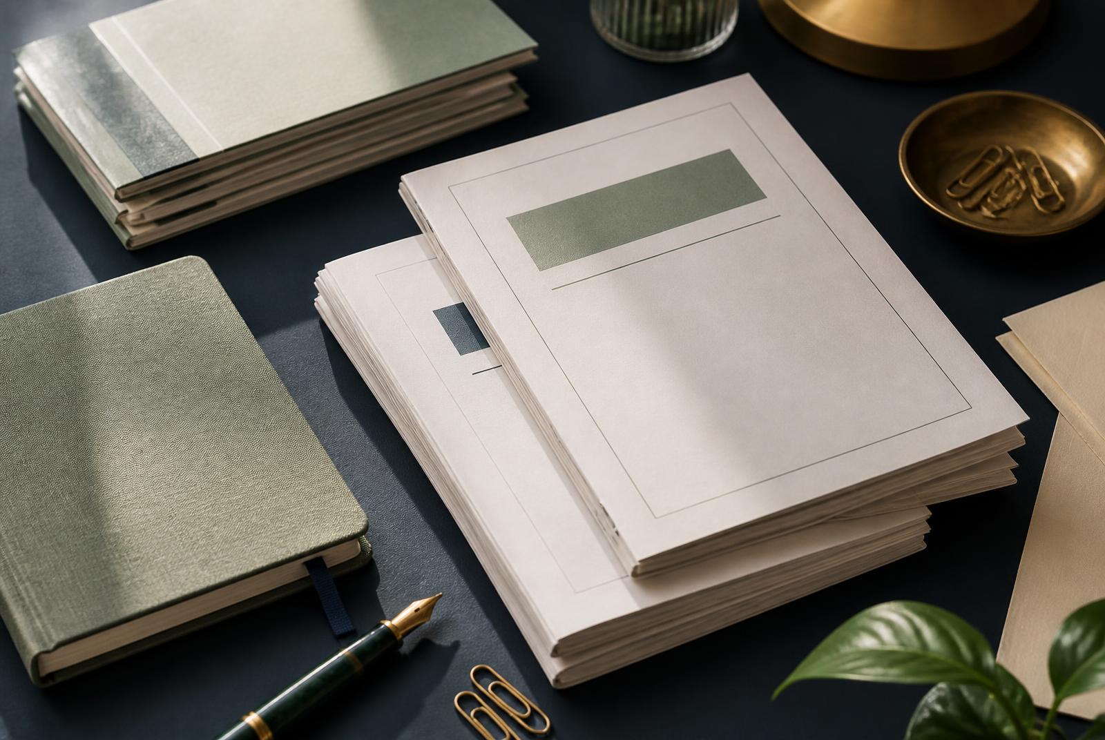 Protocolos impresos, cuaderno de registro y pluma sobre la mesa de trabajo