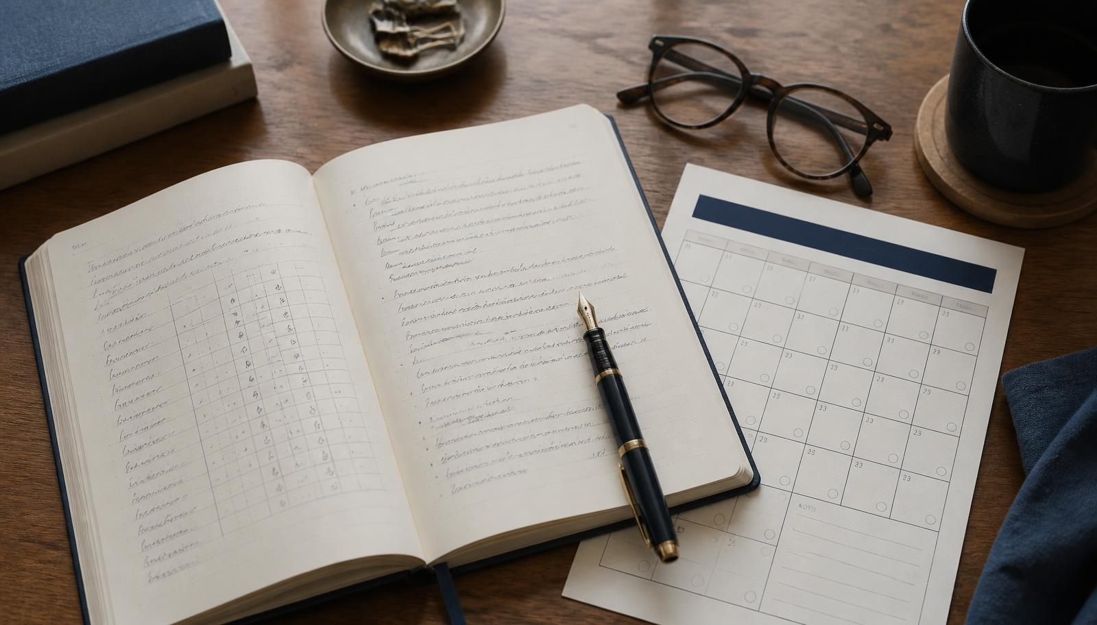 Cuaderno de registro con datos fechados y plan de treinta días sobre un escritorio